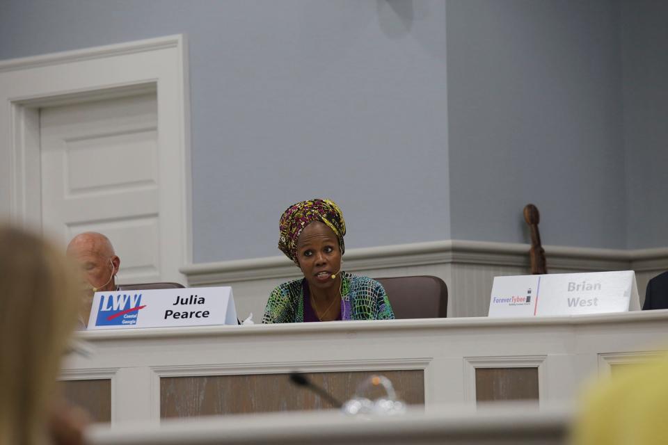 Candidate ,Julia Pearce, answering questions for the mayoral forum on Wednesday October 4th on Tybee Island.