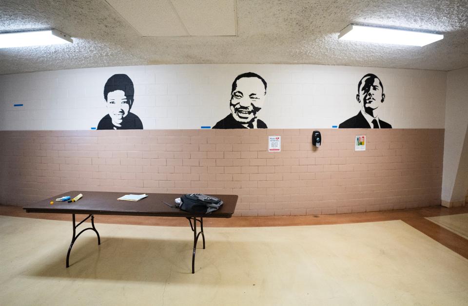 A stencil of Martin Luther King Jr. (center) decorates the hallway at the Barack Community Center.