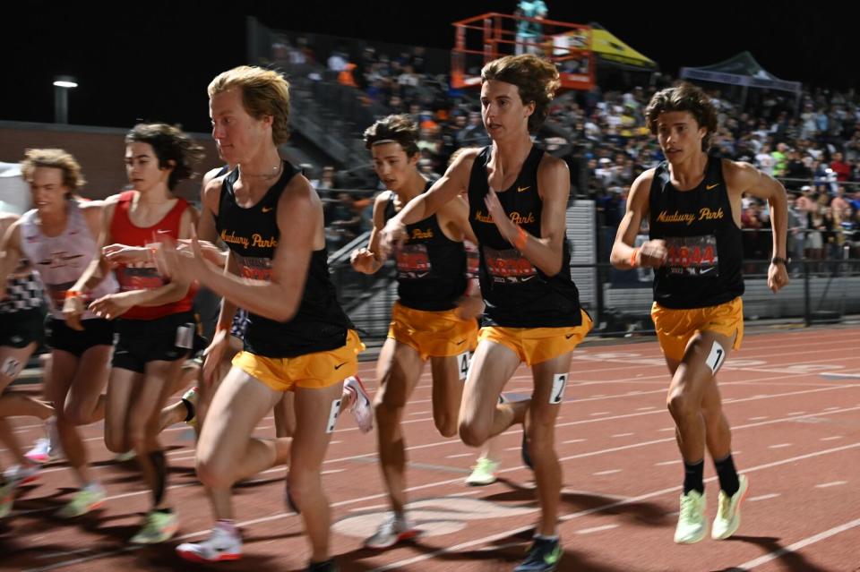 Newbury Park's Aaron Sahlman, Leo Young, Colin Sahlman and Lex Young start the boys' 3,200-meter run.