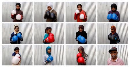 A combination photo shows students of coach Younus Qambrani posing with their boxing gloves at the first women's boxing coaching camp in Pak Shaheen Boxing Club in Karachi, Pakistan, February 20, 2016. REUTERS/Akhtar Soomro