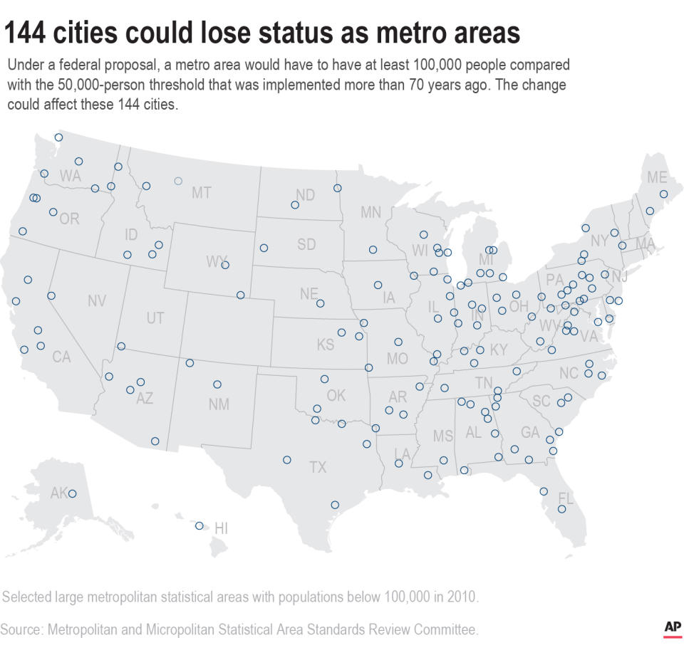 A map shows metro areas that might lose their designation as metropolitan statistical areas. .