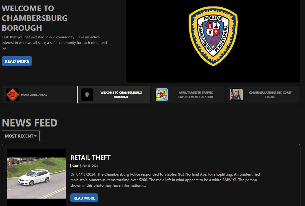 A screenshot of Chambersburg Police Department's Crimewatch page, as seen on April 20, 2024.