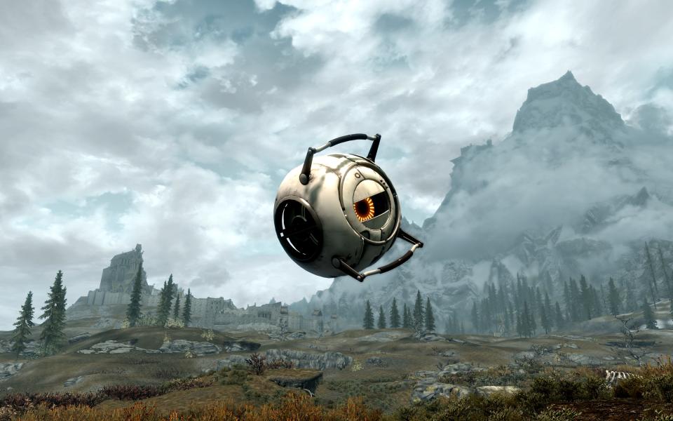 Best Skyrim mods — Portal 2's Space Core, mid-plummet from atmosphere.