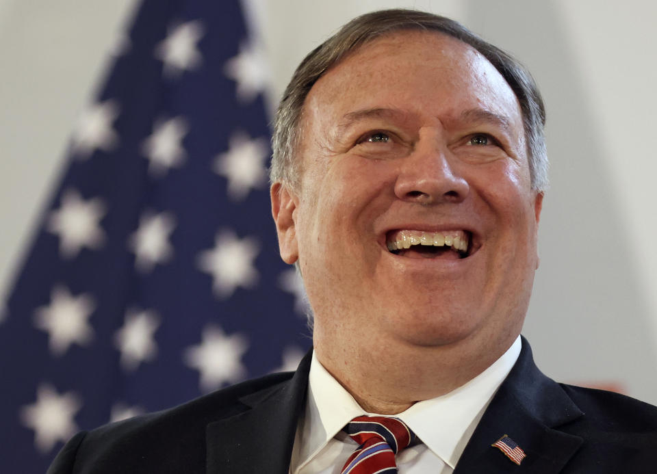 U.S. Secretary of State Mike Pompeo holds a joint news conference with Austrian Foreign Minister Alexander Schallenberg in Vienna Austria, Friday Aug. 14, 2020. Pompeo is on a five-day visit to central Europe. (Lisi Niesner/Pool via AP)