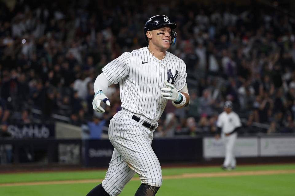 PHOTO: In this Sept. 22, 2023, file photo, Aaron Judge of the New York Yankees hits his third home run during a game against the Arizona Diamondbacks at Yankee Stadium in New York. (New York Yankees/Getty Images, FILE)