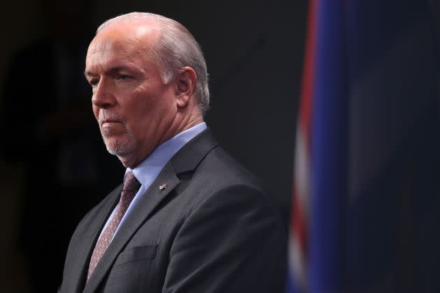 Premier John Horgan looks on during a press conference in Victoria on February 23, 2020.