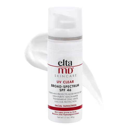 EltaMD clear spf with a streak of moisturizer against white background