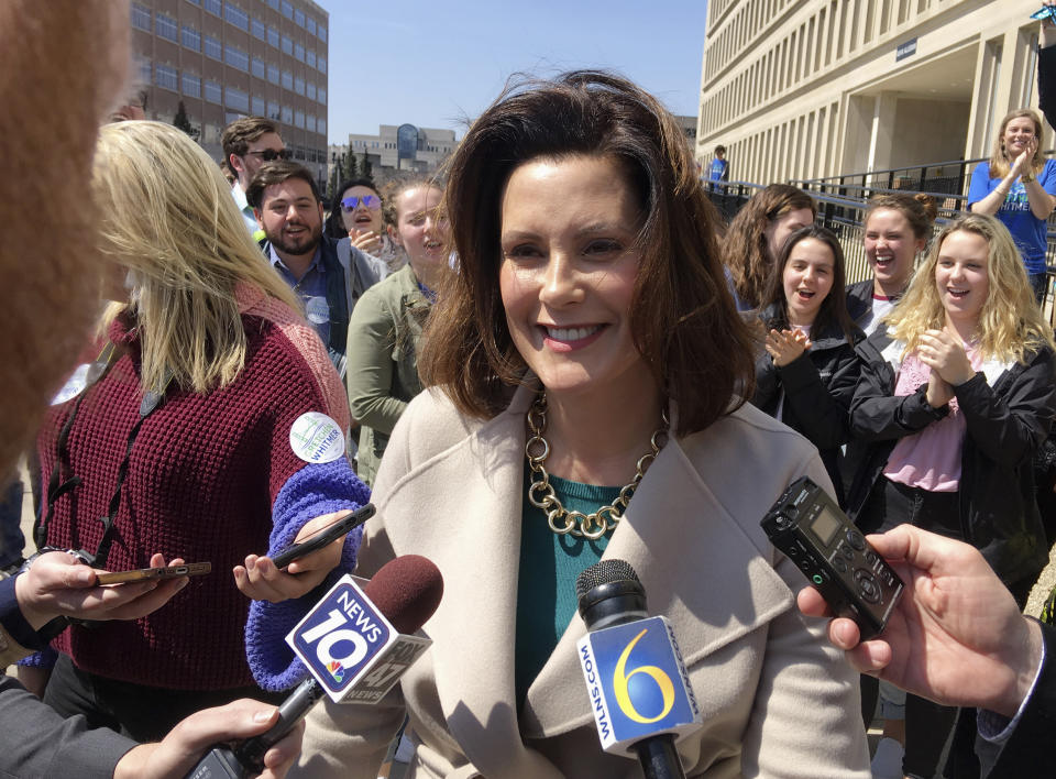 Michigan Democratic gubernatorial candidate Gretchen Whitmer speaks with reporters outside the state elections bureau in Lansing, Mich., on April 12, 2018. Whitmer faces Shri Thanedar and Abdul El-Sayed in the Aug. 7, 2018, primary. (Photo: David Eggert/AP)