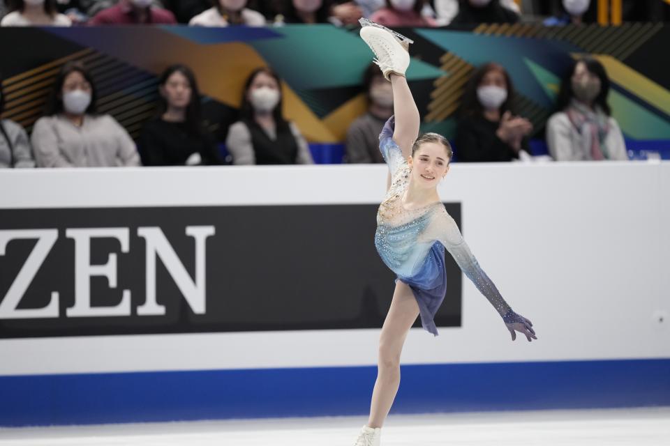 Isabeau Levito of the U.S. performs during the women's free skating program in the World Figure Skating Championships in Saitama, north of Tokyo, Friday, March 24, 2023. (AP Photo/Hiro Komae)