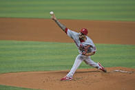 Philadelphia Phillies' Vince Velasquez pitches during the first inning of a baseball game against the Miami Marlins, Tuesday, May 25, 2021, in Miami. (AP Photo/Wilfredo Lee)