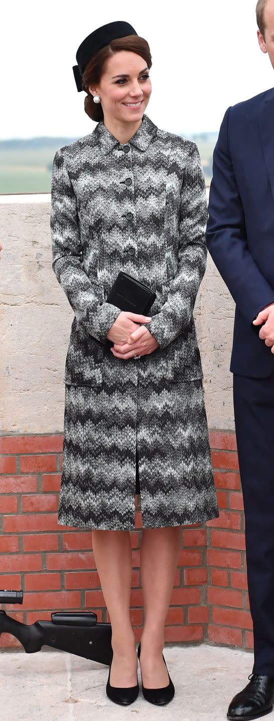 <p>The Duchess of Cambridge wears a grey and black Missoni coat for the Battle of the Somme Vigil in France.</p>