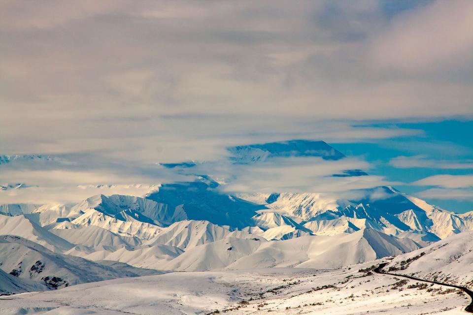 Snowy mountain top view in Denali National Park