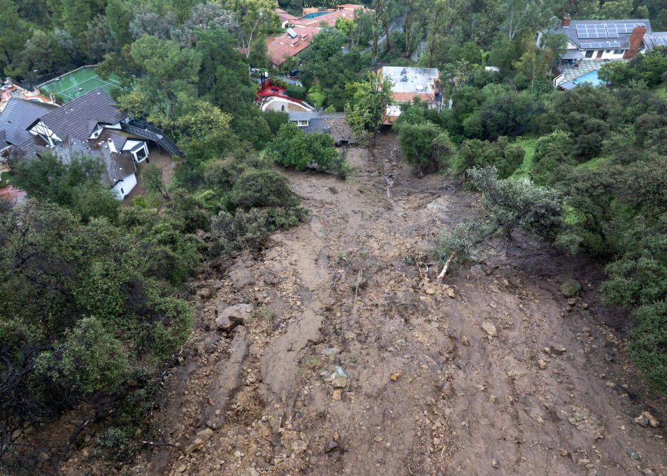 An aerial view of a mudslide in Los Angeles on Feb. 6.