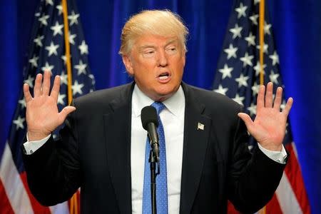 U.S. Republican presidential candidate Donald Trump delivers a campaign speech about national security in Manchester, New Hampshire, U.S. June 13, 2016 in response to the mass shooting at Orlando's Pulse nightclub. REUTERS/Brian Snyder