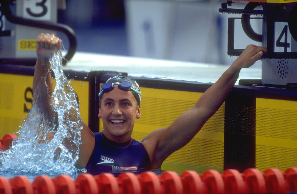Summer Sanders of the United States celebrates after finishing second in the Women's 200M individual medley final at the 1992 Barcelona Olympics. (Simon Bruty/Getty Images)