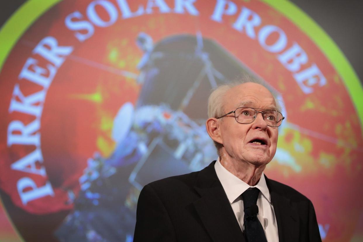 University of Chicago astrophysicist Dr. Eugene Parker listens in 2017 as NASA officials announced plans to deploy a solar probe into the sun's atmosphere for the first time.
