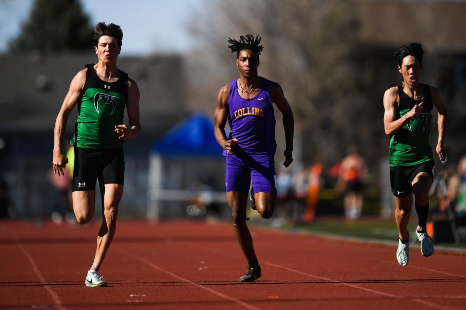 From left Marcus Mozer, Joe Cottingham and Ethan Pham compete in the boys 100 meter dash at the Randy Yaussi City Championships at French Field on Tuesday, April 11, 2023, in Fort Collins, Colo.