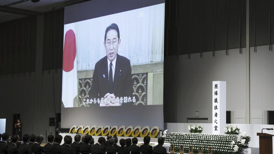 A video message from Japan's Prime Minister Fumio Kishida is delivered during a ceremony to mark the 78th anniversary of the atomic bombing in Nagasaki, southern Japan Wednesday, Aug. 9, 2023.  (Kyodo News via AP)