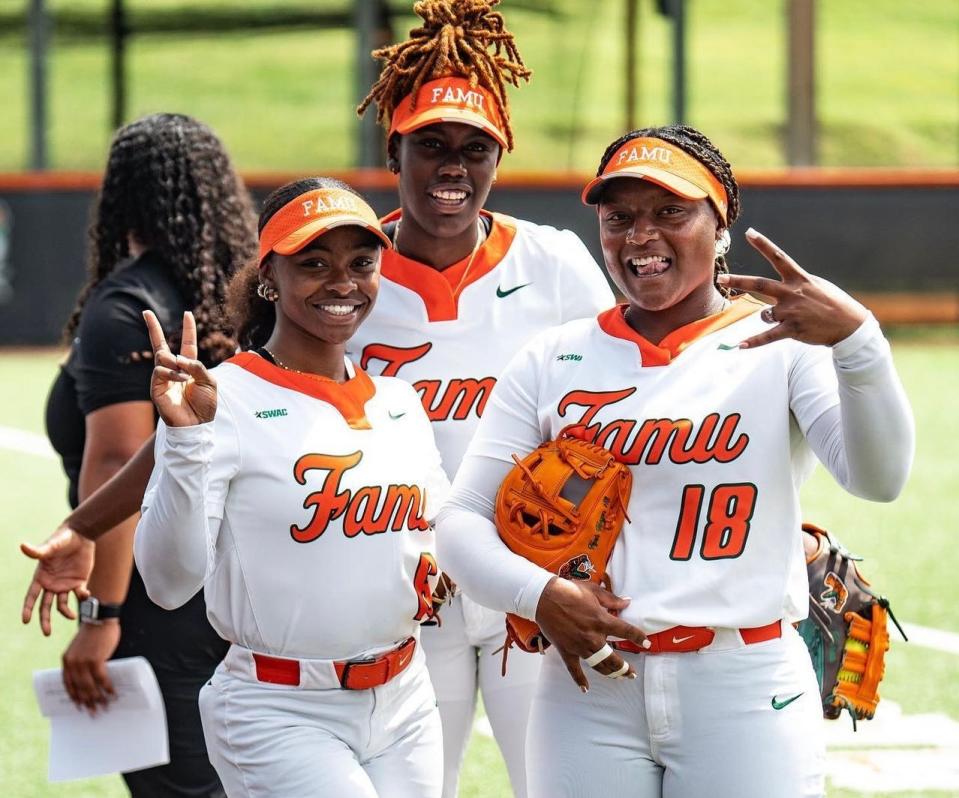 Left to right: Florida A&M infielder Kiauna Watson, outfielder Nyomi Jones, and catcher Nyah Morgan snaps a pic ahead of game two of the Rattlers' Southwestern Athletic Conference softball series versus the Mississippi Valley State Delta Devilletes on Veronica Wiggins Field in Tallahassee, Florida, Saturday, March 16, 2024.
