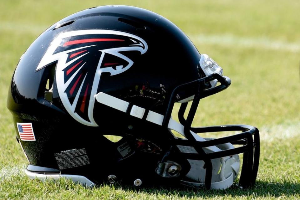 Jul 26, 2014; Atlanta, GA, USA; An Atlanta Falcons helmet on the field during training camp at Falcons Training Complex. Mandatory Credit: Dale Zanine-USA TODAY Sports