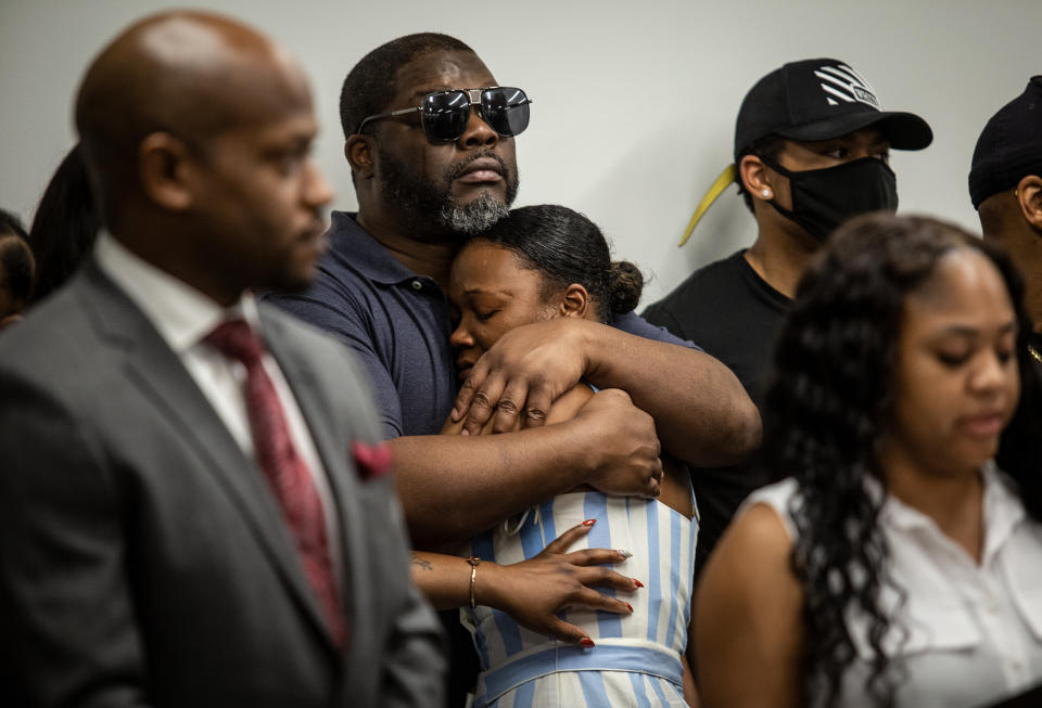 Family members of Rayshard Brooks attend a news conference on Monday, June 15, 2020, in Atlanta. The Brooks family and their attorneys spoke to the media days after Brooks was shot and killed by police at a Wendy's restaurant parking lot in Atlanta. (AP Photo/Ron Harris)