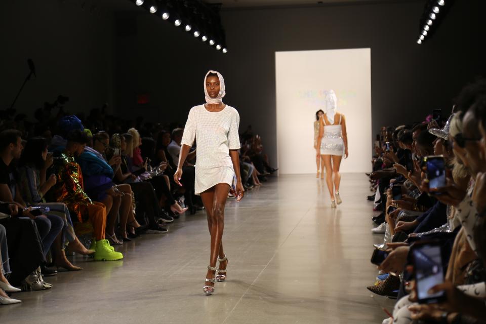 Models wear fashion from the Christian Cowan collection during Fashion Week in New York on Tuesday, Sept. 10, 2019. (AP Photo/Ragan Clark)