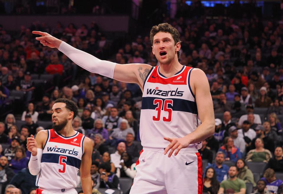 Washington Wizards' Mike Muscala questions a call during a game against the Sacramento Kings at Golden 1 Center in Sacramento, Dec. 18, 2023.