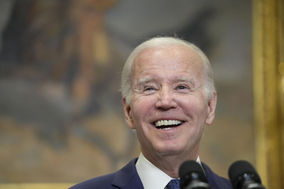 President Joe Biden speaks in the Roosevelt Room of the White House, Sunday, May 28, 2023, in Washington. Biden and House Speaker Kevin McCarthy reached a final agreement Sunday on a deal to raise the nation's debt ceiling while trying to ensure enough Republican and Democratic votes to pass the measure in the coming week. (AP Photo/Manuel Balce Ceneta)