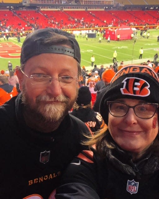 Daryl (left) and Kate Wehrmeyer at the AFC Championship Game. “An absolute crime they set up the post game ceremony away from the side with most of the Bengals fans,” she wrote.
