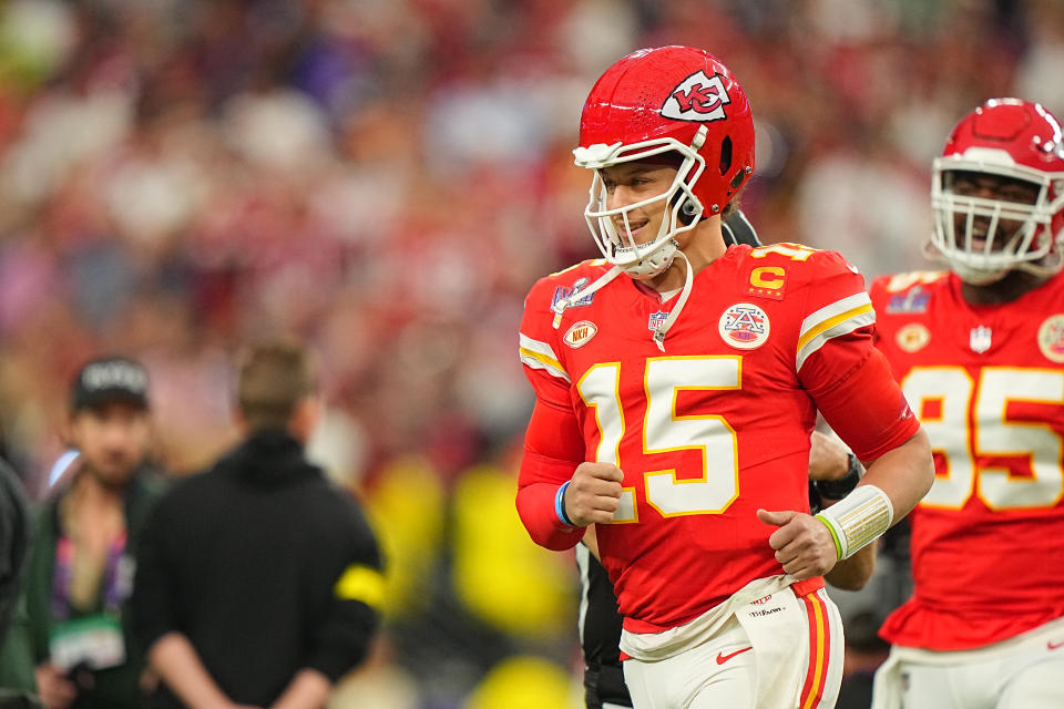 Football: Super Bowl LVIII: Kansas City Chiefs Patrick Mahomes (15) in action, runs on the field vs San Francisco 49ers at Allegiant Stadium. 
Las Vegas, NV 2/11/2024 
CREDIT: Erick W. Rasco (Photo by Erick W. Rasco/Sports Illustrated via Getty Images) 
(Set Number: X164496 TK1)