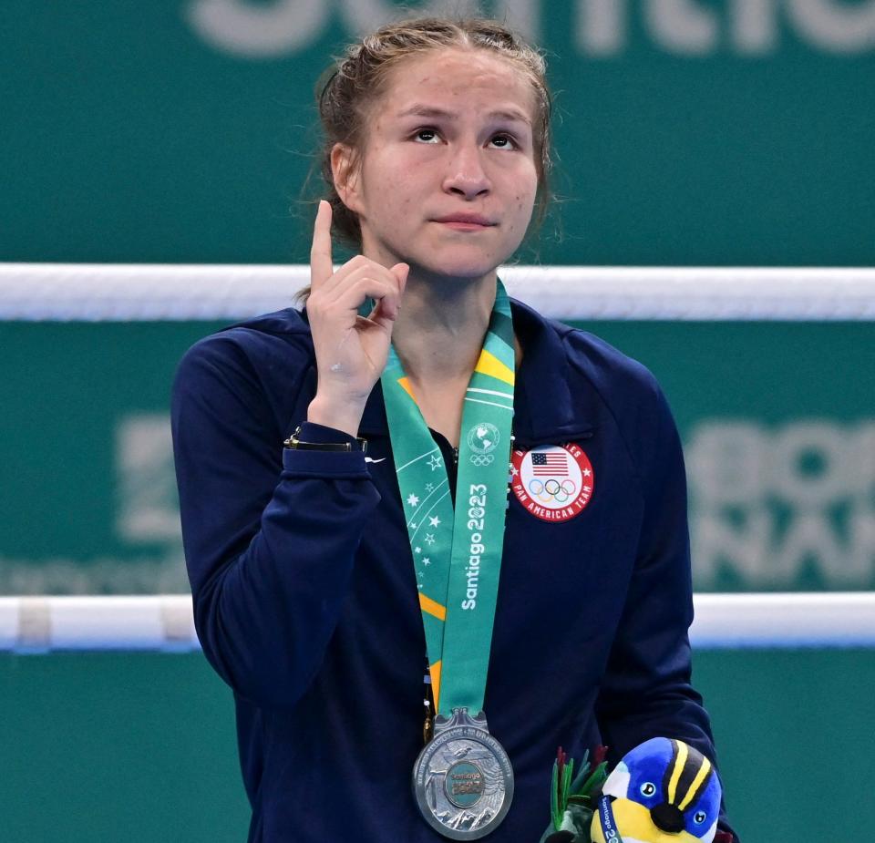 USA's Jennifer Lozano poses on the podium with her silver medal after the women's 50kg finals boxing event of the Pan American Games Santiago 2023 at the Olympic Training Centre (CEO) in Santiago on October 27, 2023. (Photo by Pablo VERA / AFP) (Photo by PABLO VERA/AFP via Getty Images)