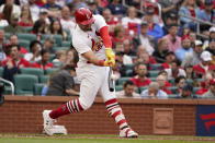 St. Louis Cardinals' Juan Yepez hits a sacrifice fly to score Paul Goldschmidt during the first inning of a baseball game against the Milwaukee Brewers Thursday, May 26, 2022, in St. Louis. (AP Photo/Jeff Roberson)