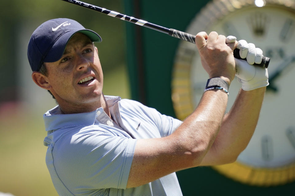 Rory McIlroy, of Northern Ireland, hits a drive on number 13 at The Country Club, Tuesday, June 14, 2022, in Brookline, Mass., during a practice round ahead of the U.S. Open golf tournament. (AP Photo/Robert F. Bukaty)