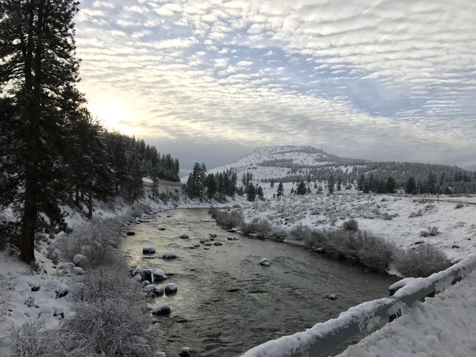 View of Truckee river and Boca Hill in snow near interstate 80 at the California-Nevada state line.