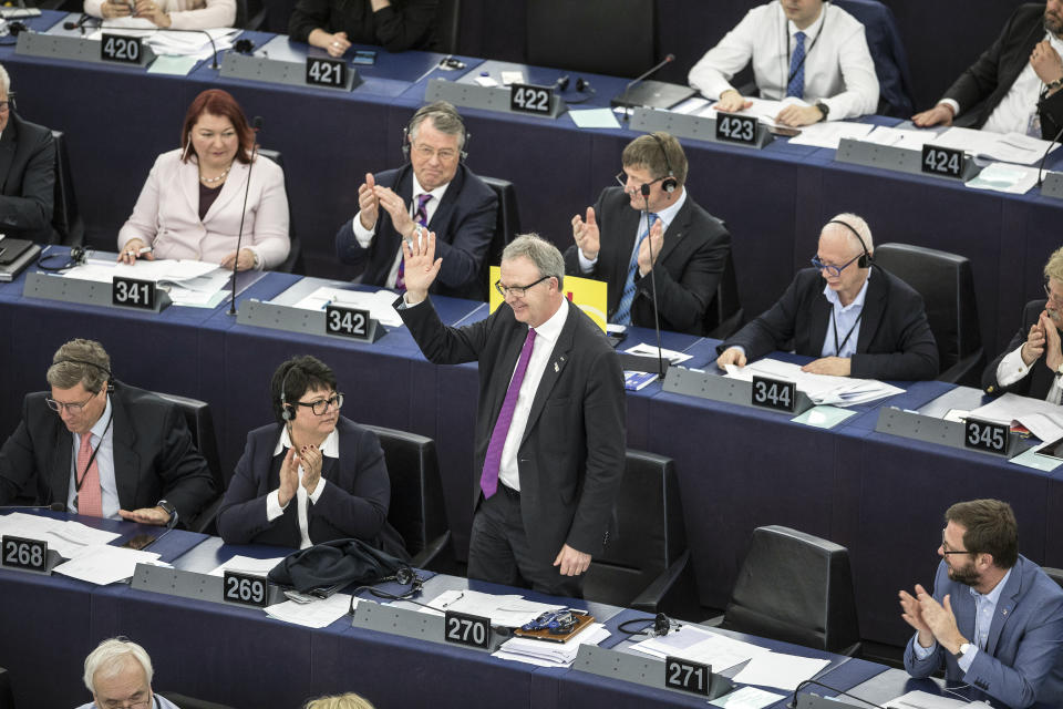Axel Voss, Member of the European Parliament and rapporteur of the copyright bill, stands at the European Parliament in Strasbourg, France, Tuesday March 26, 2019. The European Parliament is furiously debating the pros and cons of a landmark copyright bill one last time before the legislature will vote on it later. (AP Photo/Jean-Francois Badias)