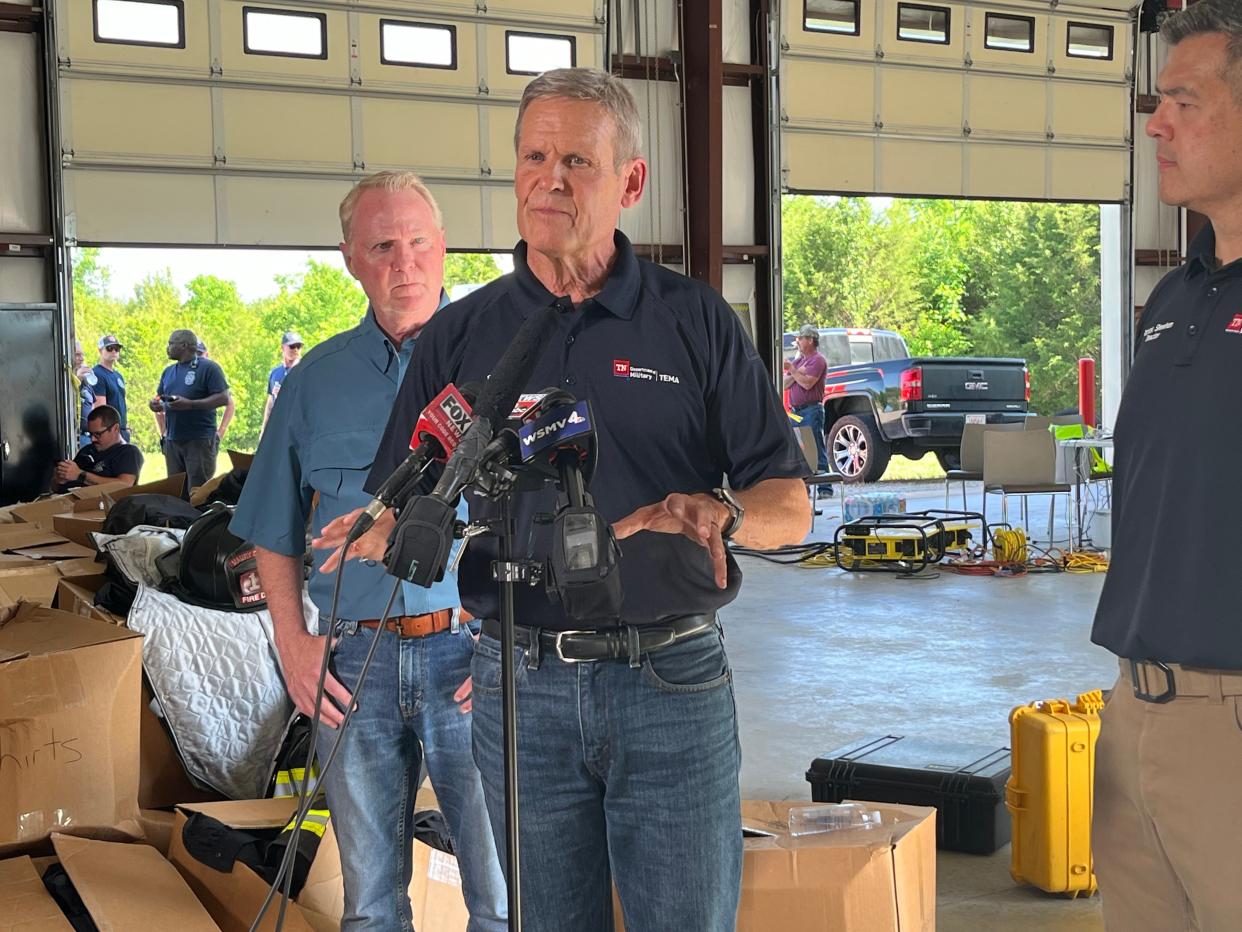 Gov. Bill Lee called the violent tornado that ripped through eastern Columbia “heartbreaking” during a media briefing Thursday, May 9, 2024 at Columbia Fire Station 31.