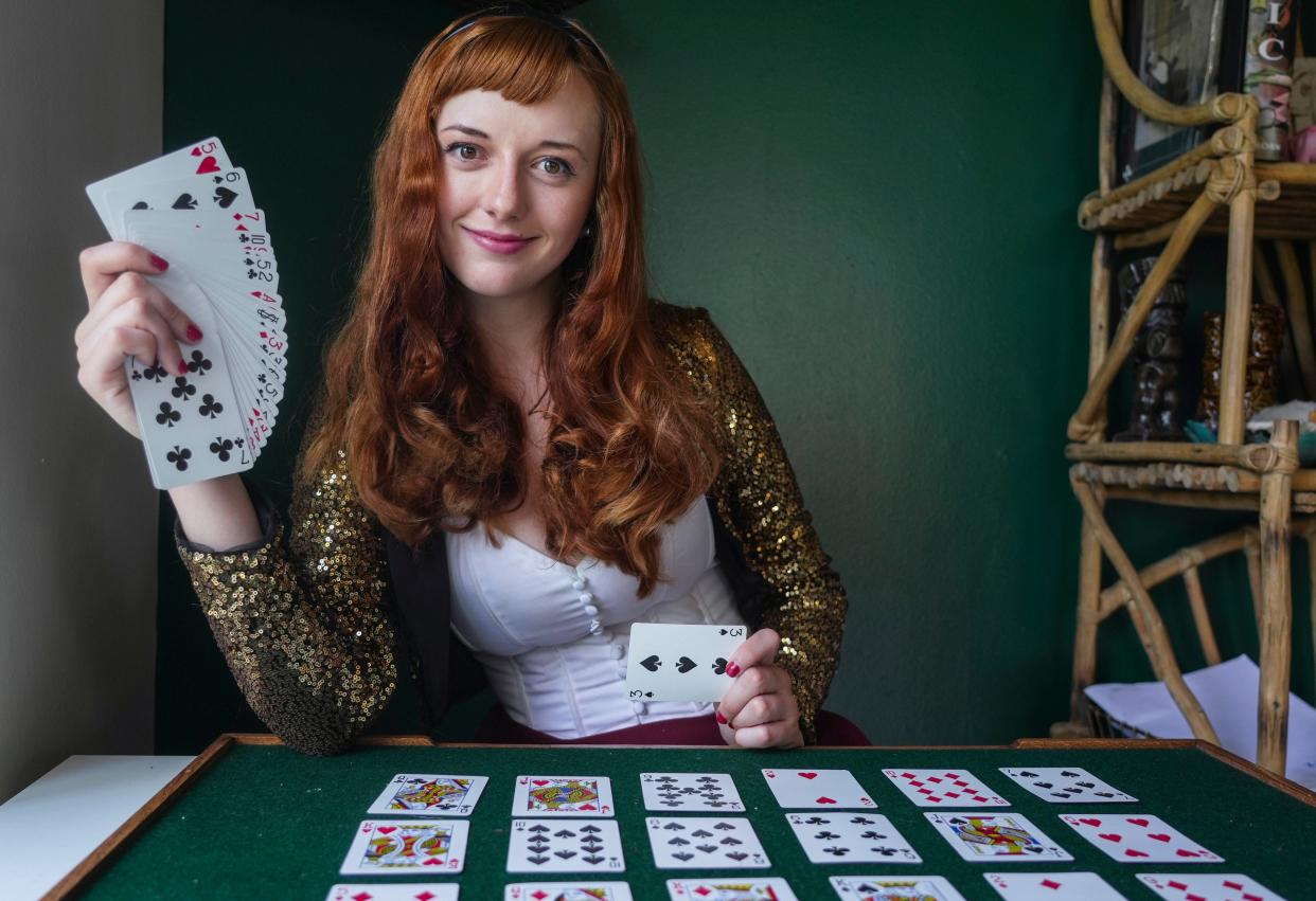 Katrina Kroetch, 28, known as The Magical Katrina, sits in her apartment on June 23, 2023 in Los Angeles, CA.