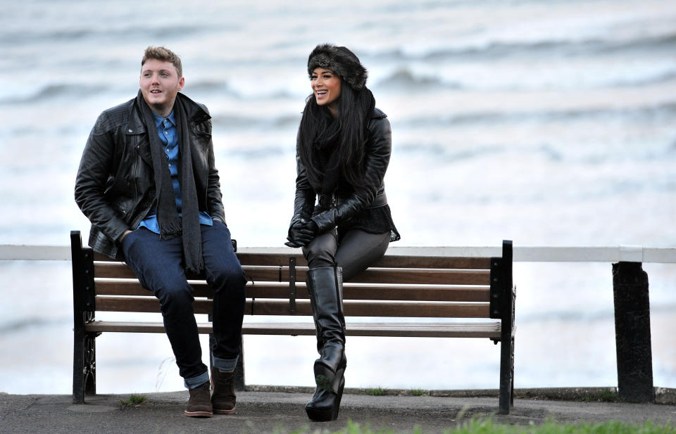 James Arthur and Nicole Scherzinger on the sea front at Saltburn-by-the-Sea as the X Factor finalist returned to play a free homecoming gig.   (Photo by Owen Humphreys/PA Images via Getty Images)