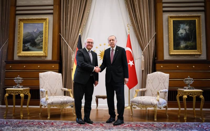 Turkish President Recep Tayyip Erdogan meets with German President Frank-Walter Steinmeier at the Presidential Palace as part of Steinmeier's three-day official visit to Turkey. Bernd von Jutrczenka/dpa