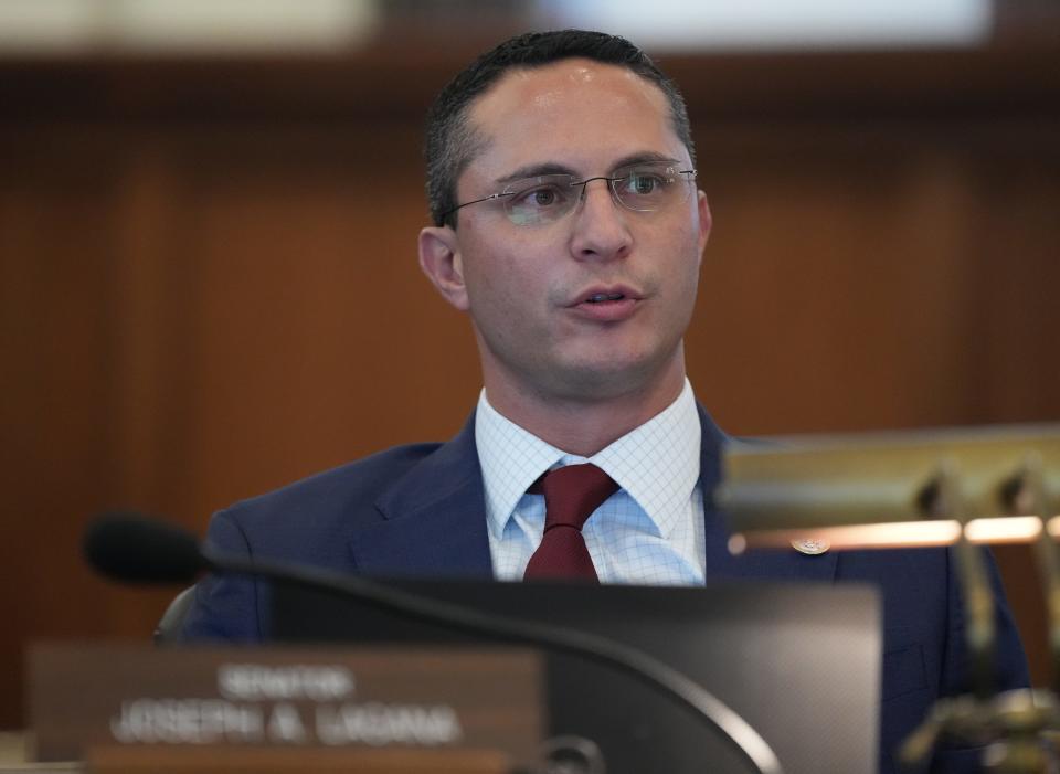 Trenton, NJ - June 20,2023 --  Senator Joseph Lagana during a meeting of the Senate Judiciary Committee. The New Jersey Senate Budget and Judiciary Committees convened today at the statehouse in Trenton before the full senate convened to vote on bills as the state’s budget deadline approaches. 