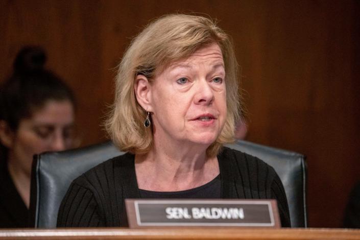 Sen. Tammy Baldwin, D-Wis., speaks during a Senate Health, Education, Labor and Pensions confirmation hearing for Julie Su to be the Labor Secretary, on Capitol Hill, Thursday, April 20, 2023, in Washington.