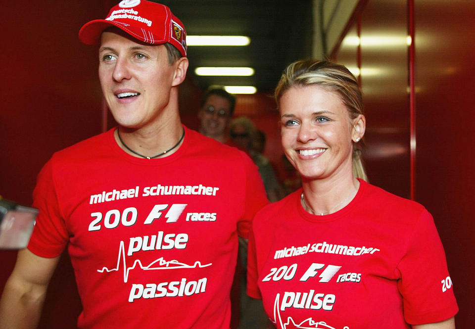 Michael Schumacher, pictured here with wife Corrina at the Spanish Grand Prix in 2004.