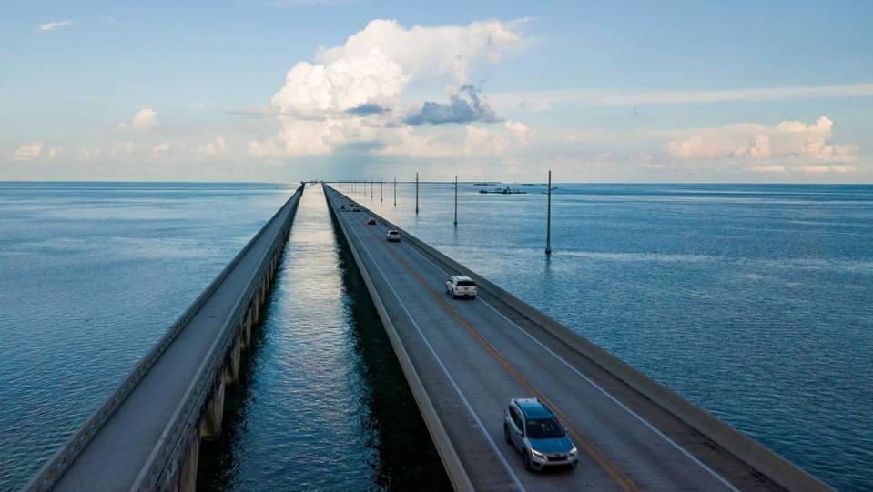 Cars make their way down the Overseas Highways Seven Mile Bridge near Little Duck Key and Bahia Honda State Park on Monday, October 11, 2021. County officials say a replacement bridge could be built by 2030.