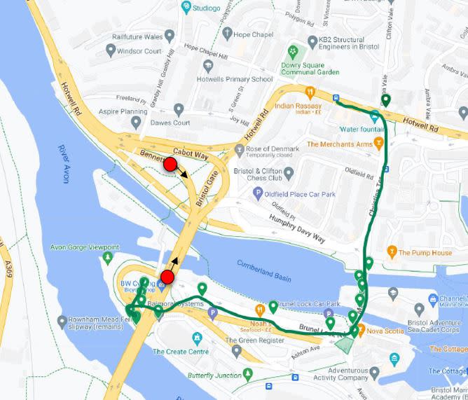 The last movements known of Jack O’Sullivan. The green line is his confirmed movements, the red spots are likely CCTV images of him and the direction he was walking (Avon and Somerset Police)