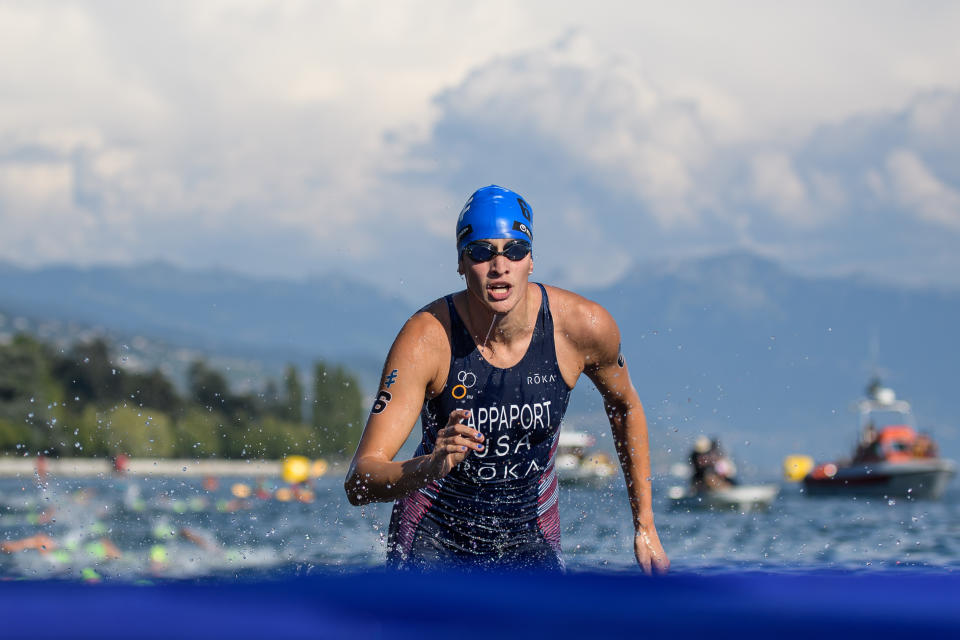 LAUSANNE, SWITZERLAND - AUGUST 31: Summer Rappaport of the United States at the swim exit during the women's elite olympic race at the ITU World Triathlon Grand Final on August 31, 2019 in Lausanne, Switzerland. (Photo by Jörg Schüler/Getty Images)