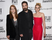 Julianne Moore, from left, Pablo Larrain and Kristen Stewart attend the Gotham Awards at Cipriani Wall Street on Monday, Nov. 29, 2021, in New York. (Photo by Evan Agostini/Invision/AP)