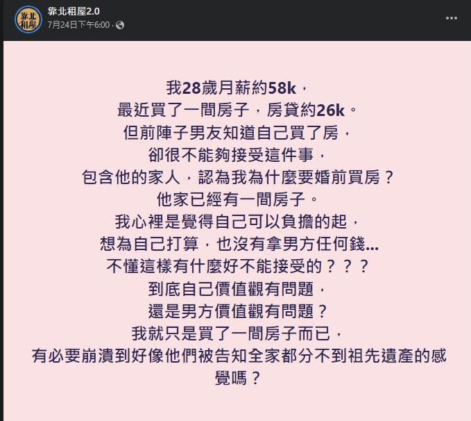 一名女子靠自己買房，卻遭到男友全家質疑，讓她產生疑惑。（翻攝自靠北租屋2.0）