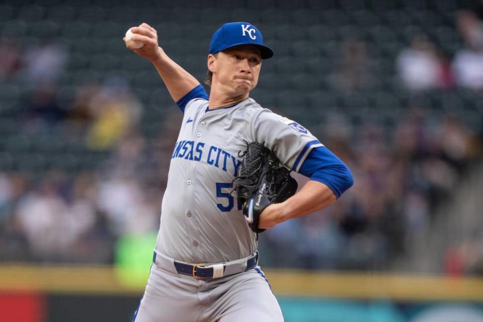 Kansas City Royals right-hander Brady Singer pitches against the Mariners during the opening inning of Monday night’s game at T-Mobile Park in Seattle.