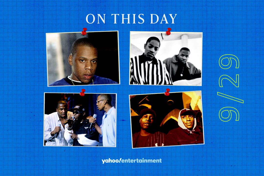 (clockwise) Jay-Z, Outkast, A Tribe Called Quest & Black Star (Photo illustration: Yahoo News; photo: Getty Images)