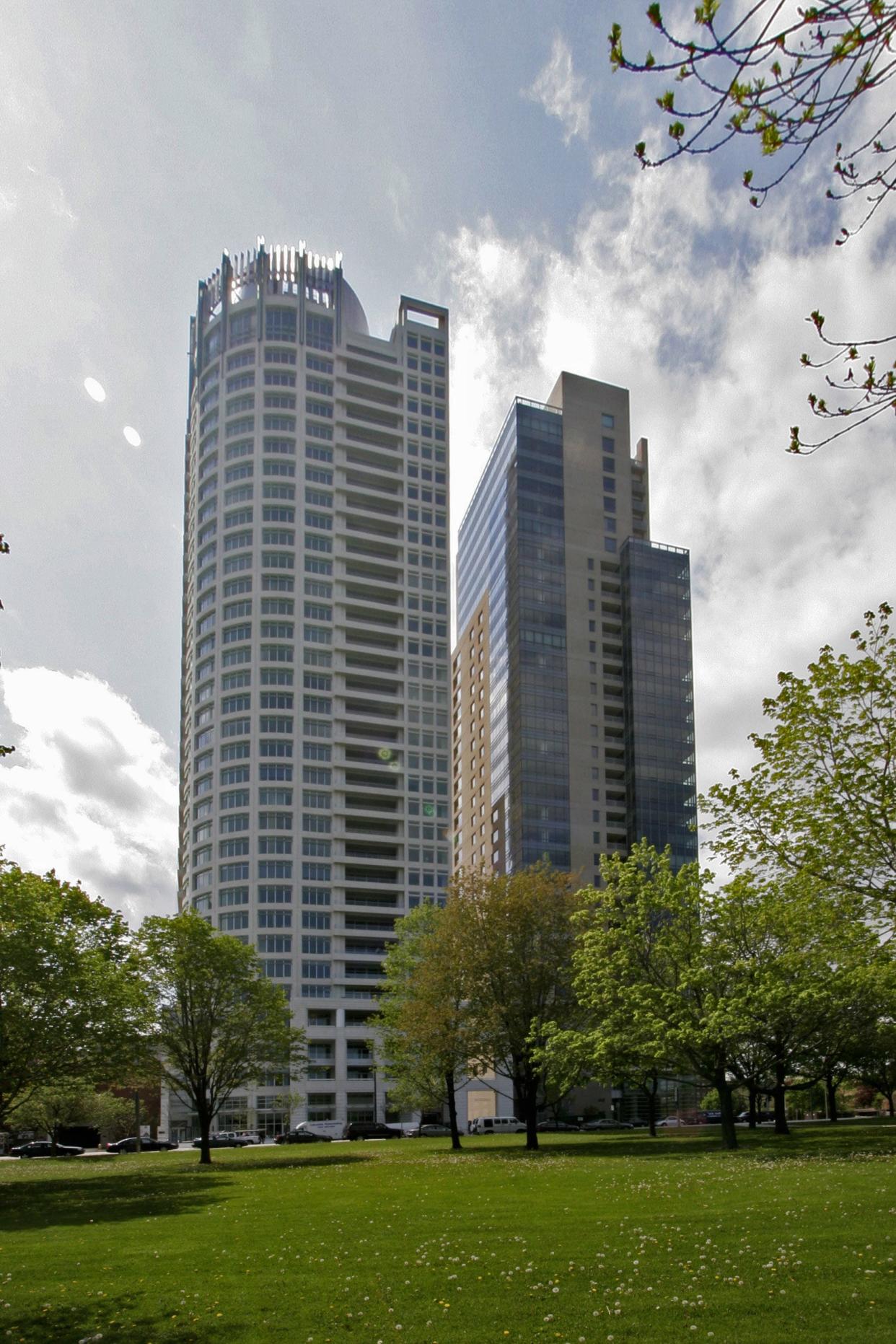 The University Club Tower (left) at 825 N Prospect Ave. Kilbourn Tower is on the right.